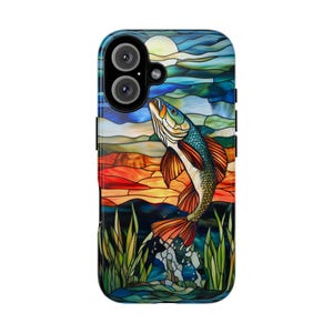 Fisch Handyhülle, Glasmalerei Design Mobile Cover für iPhone 16 15 14 13 Pro Max Plus Samsung Pixel Geburtstagstag Geschenk für Angelliebhaber Papa