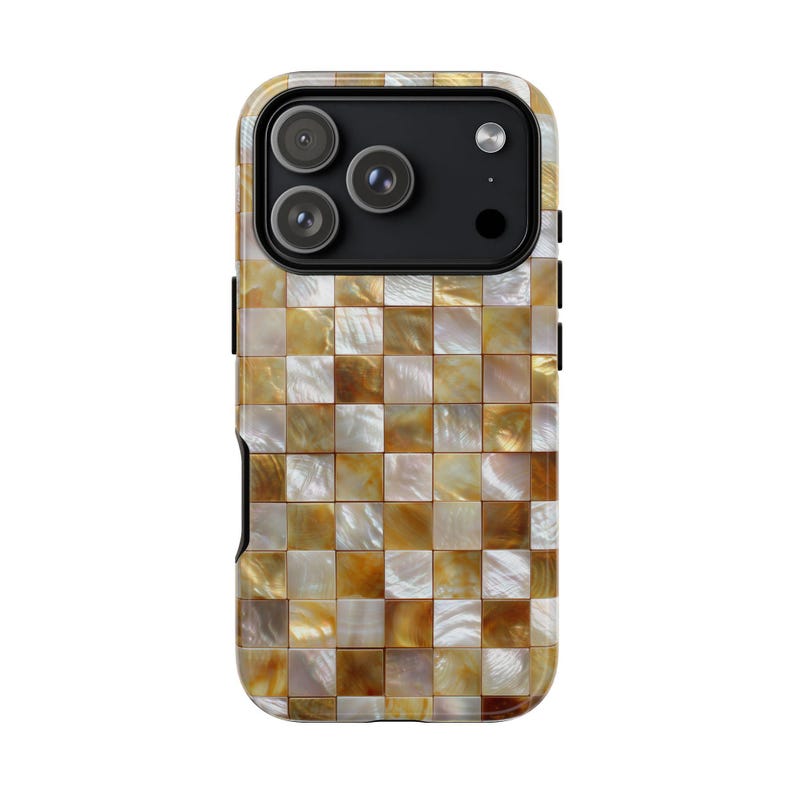 Back of a smartphone case featuring a mosaic pattern of gold and iridescent mother-of-pearl square tiles.