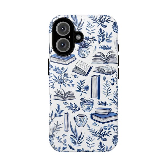 Blue Chinoiserie Book Lover Phone Case, Botanical Art Mobile Cover