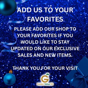 Thank you message graphic encouraging customers to add the shop to favorites against a blue glitter background with blue ornaments.