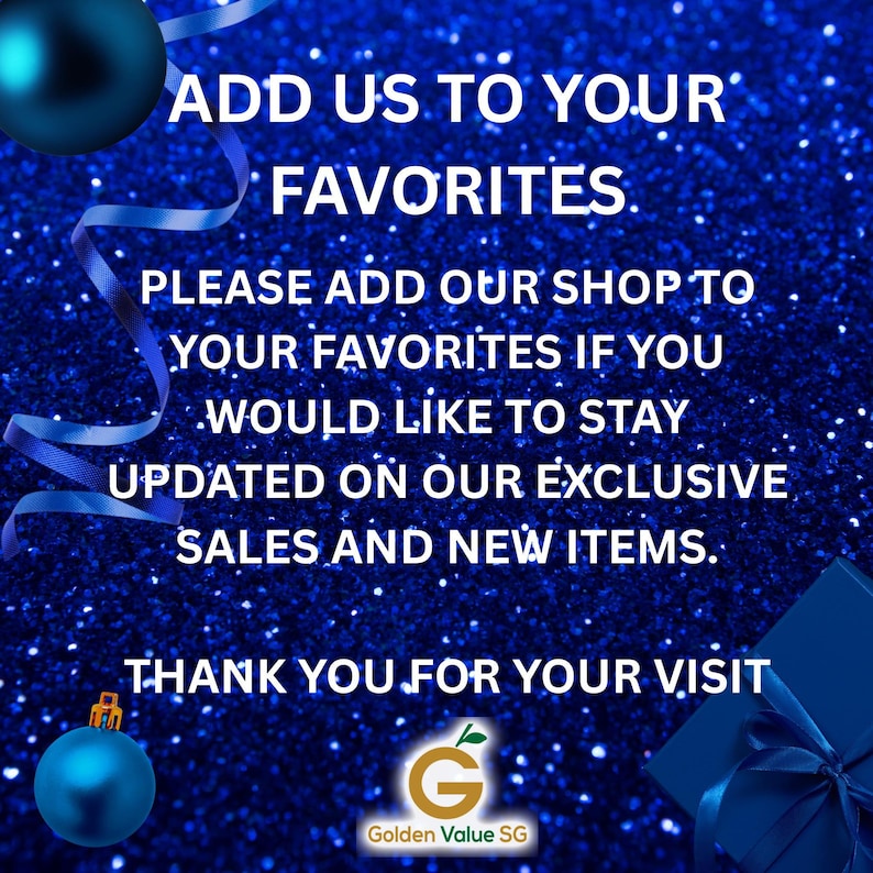 Thank you message graphic encouraging customers to add the shop to favorites against a blue glitter background with blue ornaments.