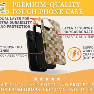 An infographic displays the dual-layer construction of the tough phone case, showing a hard shell and inner liner.