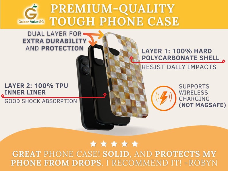 An infographic displays the dual-layer construction of the tough phone case, showing a hard shell and inner liner.