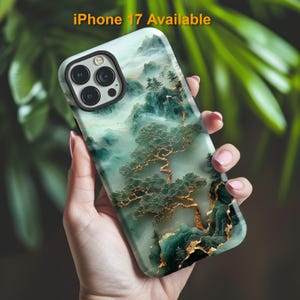 Unique Jade Carving Phone Case with Chinese Art Landscape Golden Tree Cover, Iphone 16 15 14 13 Pro Max Plus, Galaxy Pixel, Birthday Gift