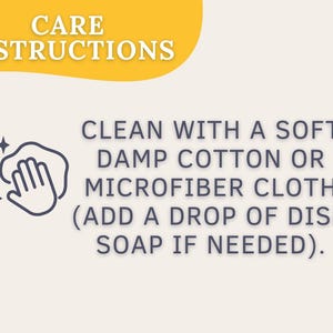 Care instructions text states to clean the product with a soft damp cotton or microfiber cloth.