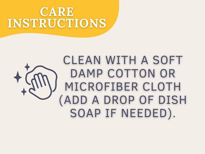 Care instructions text states to clean the product with a soft damp cotton or microfiber cloth.