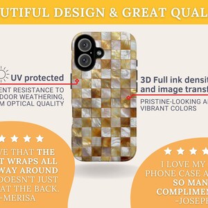 An infographic highlights the UV-protected 3D ink wrapping of the gold mosaic phone case design.
