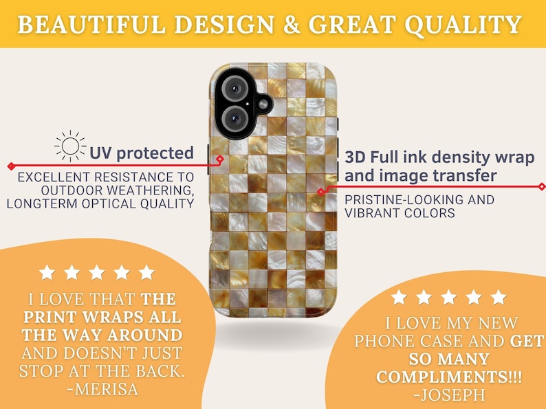 An infographic highlights the UV-protected 3D ink wrapping of the gold mosaic phone case design.