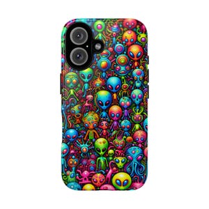 Funda de teléfono con diseño de extraterrestre, colorida y de ciencia ficción, para iPhone 16, 15, 14 y 13 Pro Plus, Samsung Pixel, un regalo de cumpleaños original para amantes de los extraterrestres.