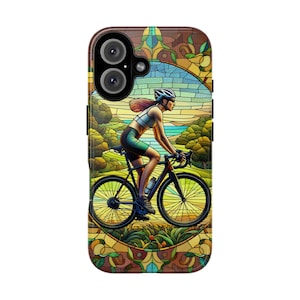 女性サイクリストのサイクリングスマホケース、iPhone 16/15/14/13 Pro/Samsung Pixel用フェイクステンドグラスカバー、自転車愛好家への誕生日クリスマスプレゼント