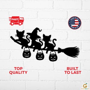 Halloween Cat Metal Wall Art | Witch Black Cats on Broomstick Decor | Spooky Pumpkin Basket Sign| Cute Feline Fall Gift