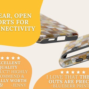 An infographic demonstrates the clear, open ports and precise cutouts of the phone case.