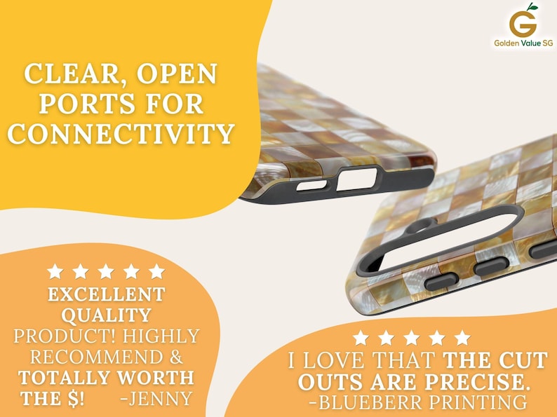 An infographic demonstrates the clear, open ports and precise cutouts of the phone case.