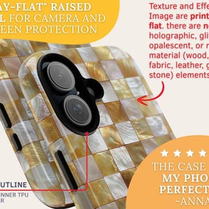 An infographic explains the lay-flat raised bezel and flat printed texture of the phone case.