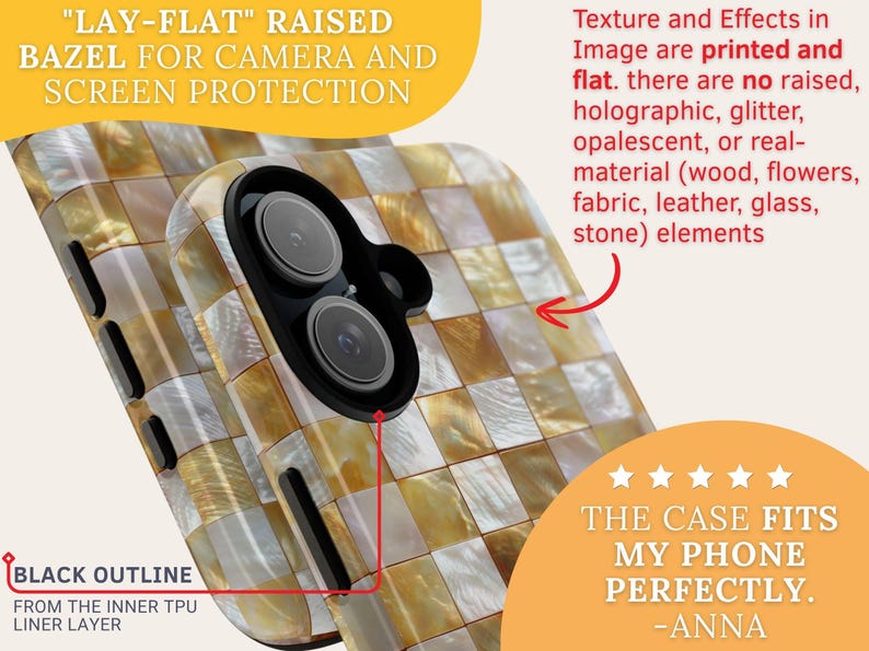 An infographic explains the lay-flat raised bezel and flat printed texture of the phone case.