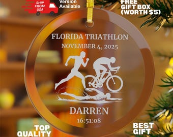 Triathlon Ornament Personalized, Custom GLASS Finisher Gift, Event Keepsake, Swimmer Cyclist Runner Medal, Endurance Race Trophy