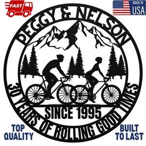 Personalized Cycling Couple Metal Art Sign, Bicycle Couple with Custom Names and Date, Mountain Bike Love, Unique Wedding Anniversary Gift
