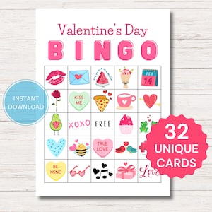 Valentinstag Bingo Spielkarten druckbar, Valentinstag Bingokarten druckbare Aktivität, Kinder Valentinstag Klassenzimmer Party Aktivität Spiele