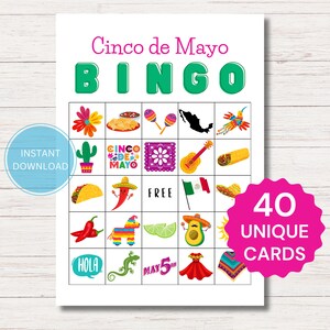 Cartes de jeu de bingo Cinco de Mayo imprimables, 40 cartes de bingo Cinco de Mayo, jeux d'activités de fête en classe Cinco de Mayo, bingo du 5 mai