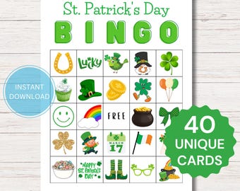 Tarjetas de bingo para el día de San Patricio para imprimir, 40 tarjetas de bingo para el día de San Patricio, juegos de actividades para fiestas en el aula para el día de San Patricio, bingo para el día de San Patricio