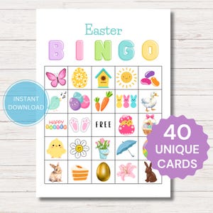 Easter Bingo Game Cards Printable, 40 Easter Bingo Cards, Easter Classroom Party Activity Games, Spring Bingo, Easter Dinner Games