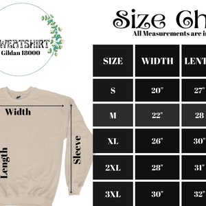 May include: Size chart for a sweatshirt with measurements in inches. The chart shows the width, length, and sleeve length for sizes S, M, XL, 2XL, and 3XL.