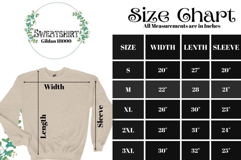 May include: Size chart for a sweatshirt with measurements in inches. The chart shows the width, length, and sleeve length for sizes S, M, XL, 2XL, and 3XL.
