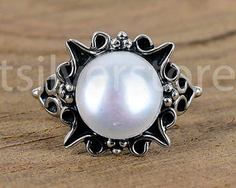 White Pearl Sterling Silver Ring: Boho Artisan Stacking Jewelry