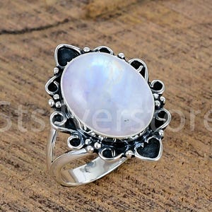Handcrafted Rainbow Moonstone Ring: Sterling Silver Boho Statement