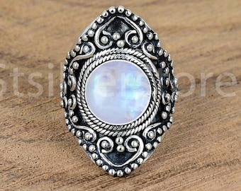 Oxidized Sterling Silver Moonstone Ring - Handmade Boho Jewelry