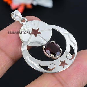 925 Solid Silver Moon Star Pendant, Garnet Moon Necklace, Valentine&#39;s Day Gift, Unique Design Pendant Anniversary Pendant