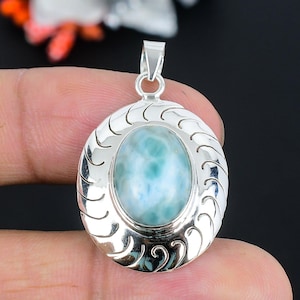 Larimar Pendant 925 Sterling Silver Oval Vintage Handmade Blue Gemstone Necklace Jewelry