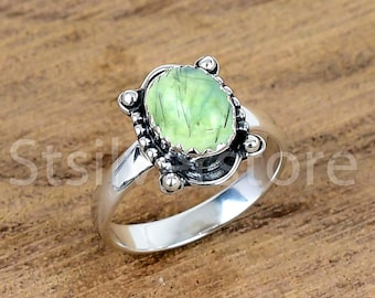 Handgemachter Prehnit Sterling Silber Ring: Boho Edelstein Oval