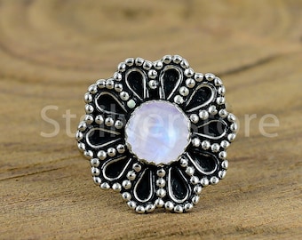 Floral Moonstone Ring: Handmade Oxidized Sterling Silver Boho Ring