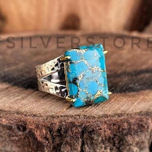 Anello da uomo ottagonale in rame e turchese: fascia vistosa in argento sterling.