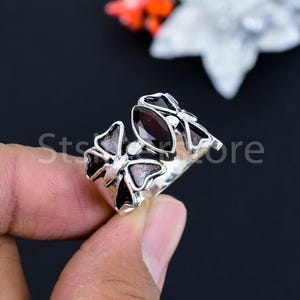Natural Red Garnet Butterfly Silver Ring, Marquise Cut Garnet Ring, Women Statement  Ring, Silver Artisan Ring, Designer Dainty Ring Gift