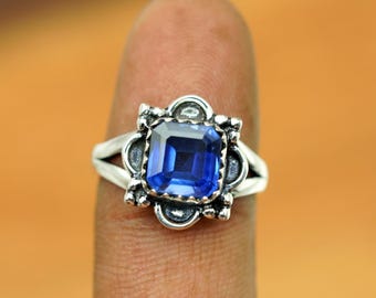 Blue Topaz Emerald Cut Ring, 925 Sterling Silver Boho Solitaire (8mm)