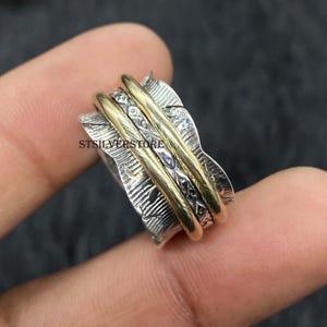 925 Sterling Silver Spinner Ring: Two Tone Artisan Fidget Ring