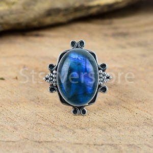 Natural Labradorite Silver Ring 925 Sterling Silver Ring Blue Fire Ring Statement Handmade Ring Bohemian Ring Oval Stone Ring Silver Jewelry