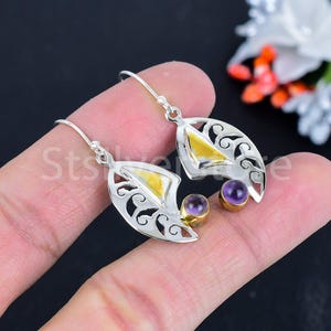Amethyst Silver Earring Two Tone Earring Pair 925 Sterling Silver Earring Handmade Dongle Drop Earring Round Gemstone Earring Valentine Gift