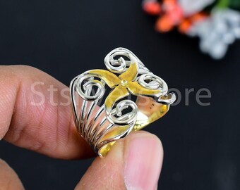 Two Tone Sterling Silver Floral Statement Ring, Adjustable Boho Artisan Jewelry