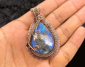 Handmade Labradorite Pendant: Copper Wire Wrapped Boho Necklace