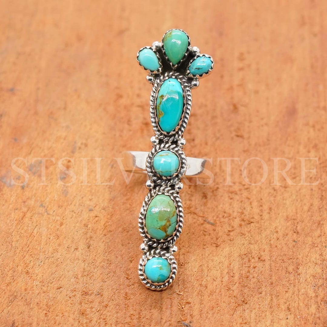 Long Bar Turquoise Ring 925 Sterling Silver Boho Statement Ring Multi ...