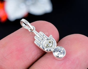 Sterling Silver Hamsa Hand Evil Eye Pendant, Tiny Charm