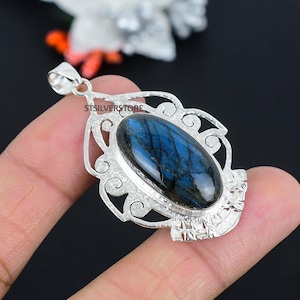 Labradorit Silber Anhänger Blau Kristall Anhänger - Sterling Silber Anhänger Top Qualität Anhänger 925 Sterling Silber -Schleifen-Anhänger Massiv Silber
