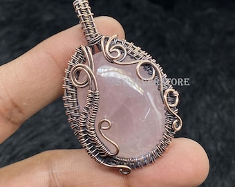 Pink Rose Quartz Wire Wrapped Pendant: Handmade Solitaire Copper Pendant
