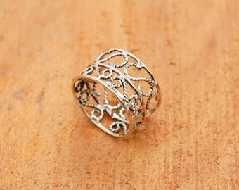 Filigranring handgjord sterlingsilver | Bredbandsring för kvinnor | Utsmyckad spetsring i vintagestil | Hantverksmässiga silversmycken