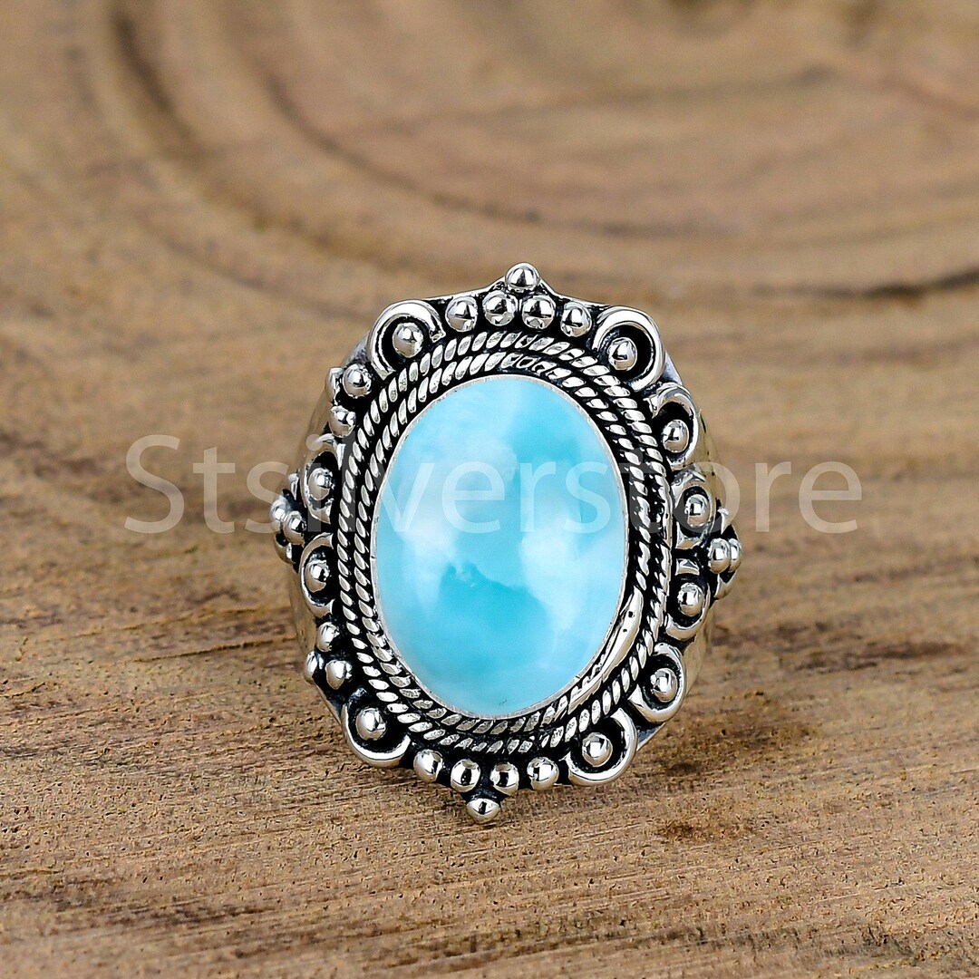 Oval Larimar Ring: Boho Sterling Silver Gemstone Ring - Etsy