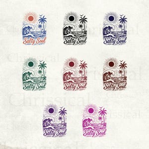 May include: Set of 10 digital illustrations featuring a wave with a palm tree and the text "Salty Soul". The illustrations are in various colors, including red, blue, green, purple, and black.