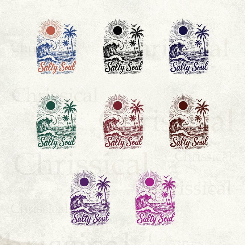 May include: Set of 10 digital illustrations featuring a wave with a palm tree and the text "Salty Soul". The illustrations are in various colors, including red, blue, green, purple, and black.